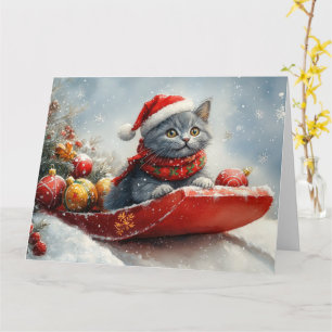 Russian Blue Cat in Sledge Let it Snow Christmas Karte