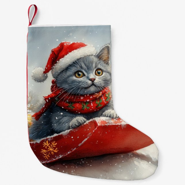 Russian Blue Cat in Sledge Let it Snow Christmas Kleiner Weihnachtsstrumpf (Vorderseite)
