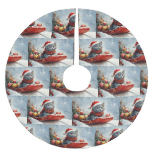 Russian Blue Cat in Sledge Let it Snow Christmas Polyester Weihnachtsbaumdecke