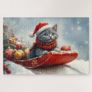 Russian Blue Cat in Sledge Let it Snow Christmas Puzzle