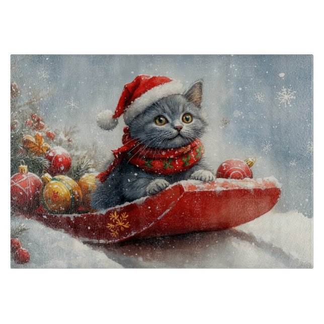 Russian Blue Cat in Sledge Let it Snow Christmas Schneidebrett (Vorderseite)