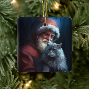 Russian Blue Cat Santa Claus Festliche Weihnachten Keramikornament