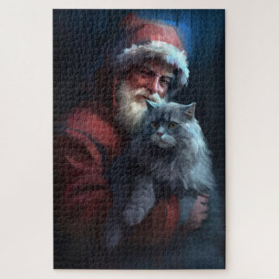 Russian Blue Cat Santa Claus Festliche Weihnachten Puzzle