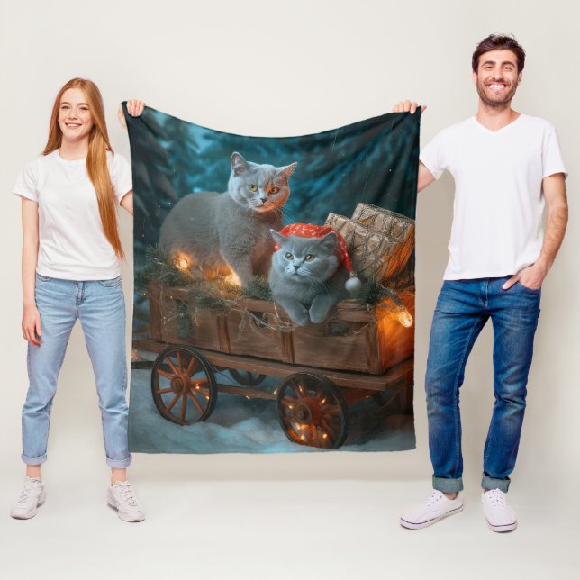 Russian Blue Cat Snowy Sleigh Weihnachtsdekor Fleecedecke (Beispiel)