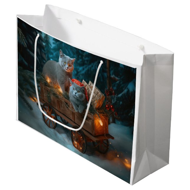 Russian Blue Cat Snowy Sleigh Weihnachtsdekor Große Geschenktüte (Vorderseite Schrägansicht)
