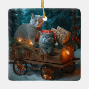Russian Blue Cat Snowy Sleigh Weihnachtsdekor Keramikornament