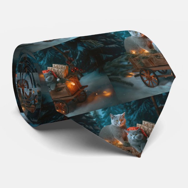 Russian Blue Cat Snowy Sleigh Weihnachtsdekor Krawatte (Gerollt)
