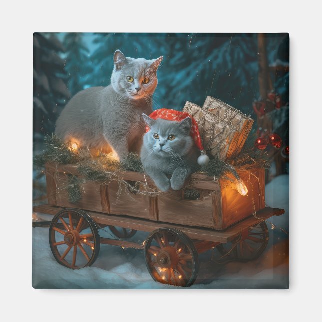 Russian Blue Cat Snowy Sleigh Weihnachtsdekor Magnet (Vorne)