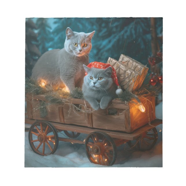 Russian Blue Cat Snowy Sleigh Weihnachtsdekor Notizblock (Vorderseite)