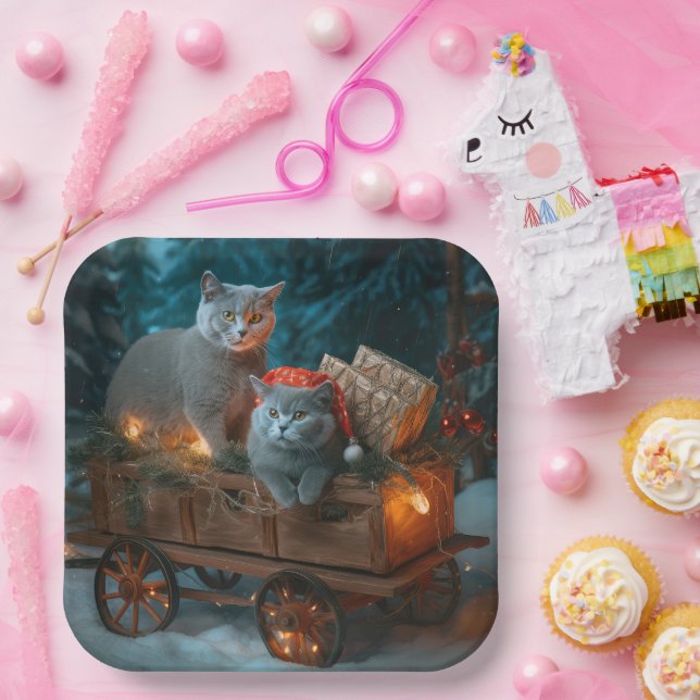 Russian Blue Cat Snowy Sleigh Weihnachtsdekor Pappteller (Party)