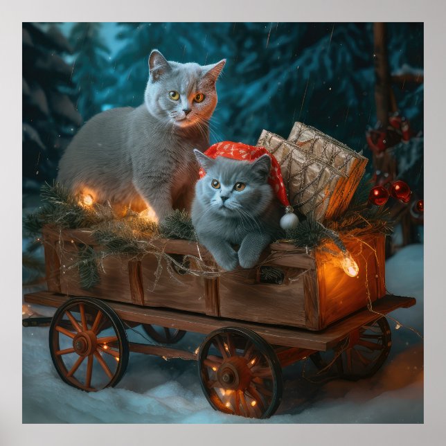 Russian Blue Cat Snowy Sleigh Weihnachtsdekor Poster (Vorne)