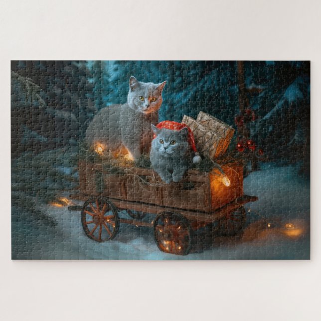 Russian Blue Cat Snowy Sleigh Weihnachtsdekor Puzzle (Horizontal)