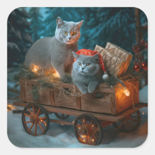 Russian Blue Cat Snowy Sleigh Weihnachtsdekor Quadratischer Aufkleber