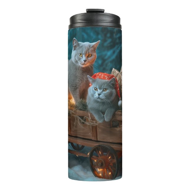 Russian Blue Cat Snowy Sleigh Weihnachtsdekor Thermosbecher (Vorderseite)