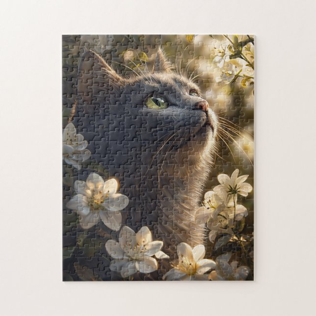 Russian Blue Cat White Blume Puzzle (Vertikal)