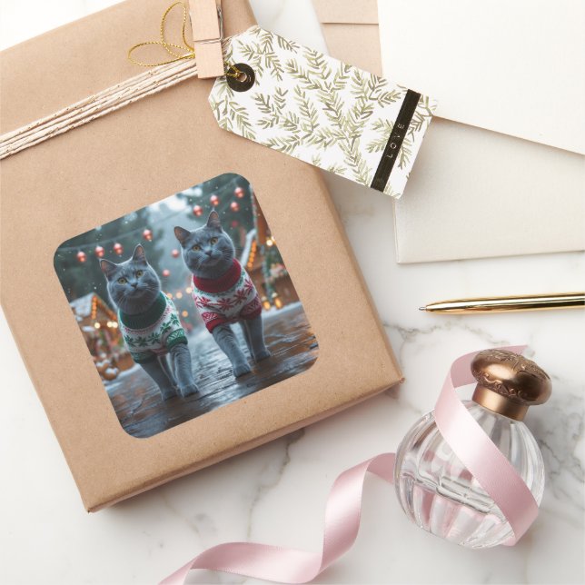 Russian Blue Cats Christmas Snow Holiday  Quadratischer Aufkleber (Schenken)