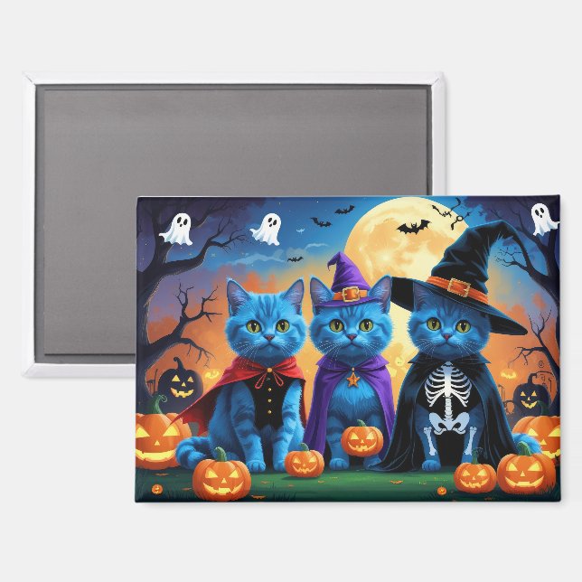 Russian Blue Cats Pumpkin Halloween Funny Magnet (Vorderseite/Rückseite)