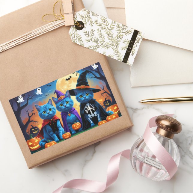 Russian Blue Cats Pumpkin Halloween Funny Rechteckiger Aufkleber (Schenken)