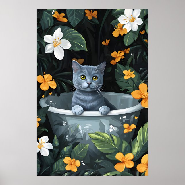 Russian Blue In Bathtub Poster, Funny Cat Poster (Vorne)