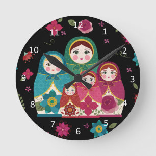 Russian Dolls Black Runde Wanduhr