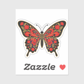 Russian Folk Art Butterfly Sticker - Black, Red & 