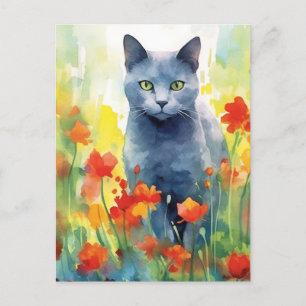 Russisch Blau Katze Blumenfeld Postkarte