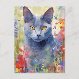 Russisch Blau Katze bunte Blumen Postkarte