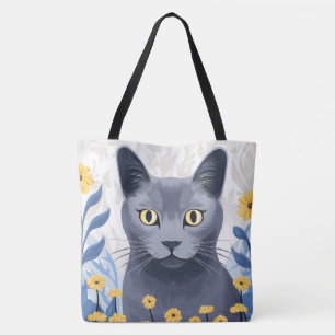 Russisch Blau Katze Gelbe Blumen