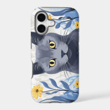 Russisch Blau Katze Gelbe Blumen