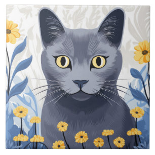 Russisch Blau Katze Gelbe Blumen Fliese