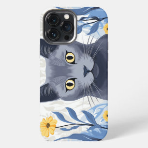 Russisch Blau Katze Gelbe Blumen iPhone 13 Pro Max Hülle