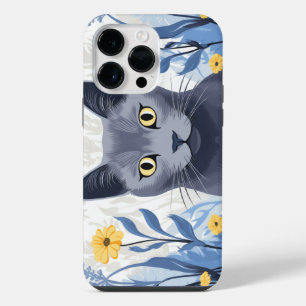 Russisch Blau Katze Gelbe Blumen iPhone 14 Pro Max Hülle