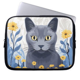 Russisch Blau Katze Gelbe Blumen Laptopschutzhülle