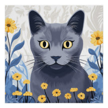 Russisch Blau Katze Gelbe Blumen
