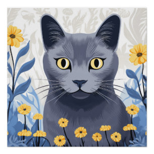 Russisch Blau Katze Gelbe Blumen Poster