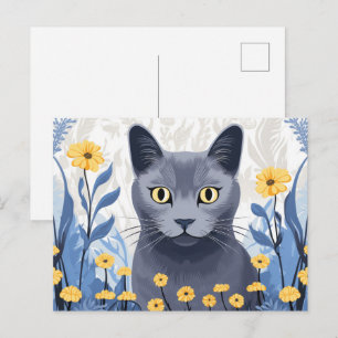 Russisch Blau Katze Gelbe Blumen Postkarte