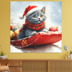 Russisch Blau Katze im Schlitten Lass es schneien  Leinwanddruck