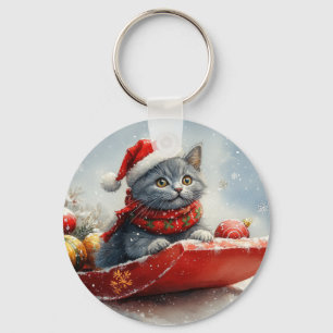Russisch Blau Katze im Schlitten Lass es schneien  Schlüsselanhänger