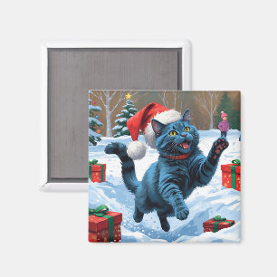 Russisch Blau Katze läuft durch Schnee mit Weihnac Magnet