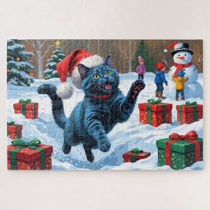 Russisch Blau Katze läuft durch Schnee mit Weihnac Puzzle