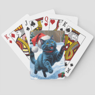 Russisch Blau Katze läuft durch Schnee mit Weihnac Spielkarten