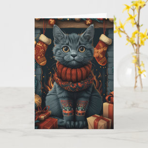 Russisch Blau Katze mit Weihnachtsgeschenken Kamin Karte
