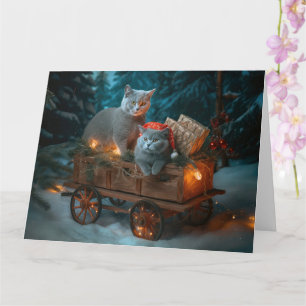 Russisch Blau Katze Schneebedeckter Schlitten Weih Karte