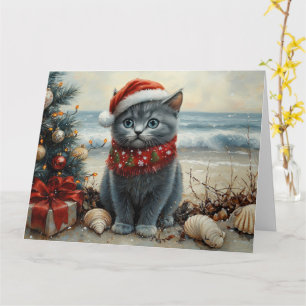 Russisch Blau Katze Weihnachten Vintage Strand Karte