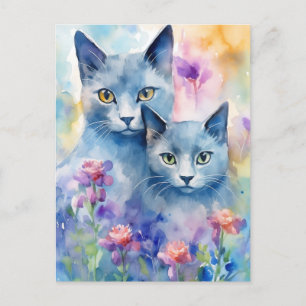 Russisch Blau Katzen Blumenfeld Postkarte