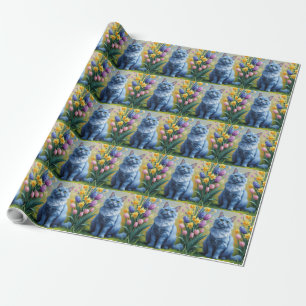 Russisch Blau Katzen Frühjahrsblumen Gemälde Geschenkpapier