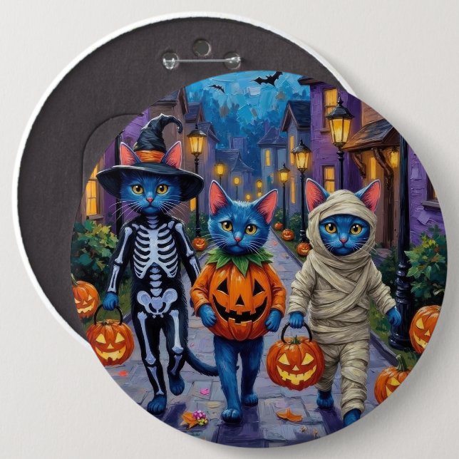 Russisch Blau Katzen in Halloween-Kostümen Button (Vorne & Hinten)