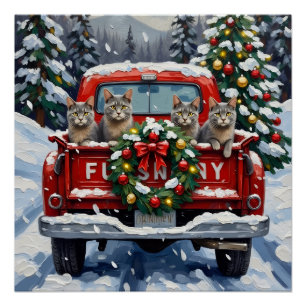 Russisch Blau Katzen-Weihnachten Rotes Lastwagen F Poster
