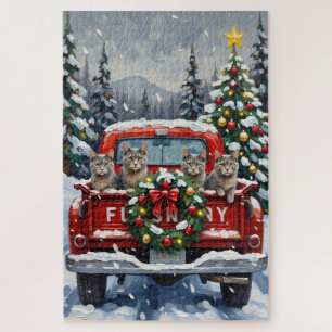 Russisch Blau Katzen-Weihnachten Rotes Lastwagen F Puzzle
