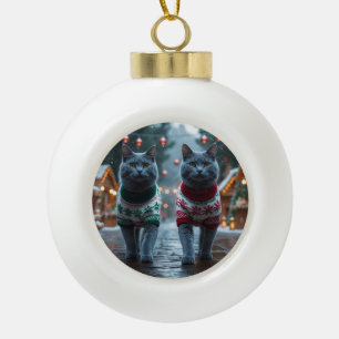 Russisch Blau Katzen Weihnachten Schnee Feiertag  Keramik Kugel-Ornament